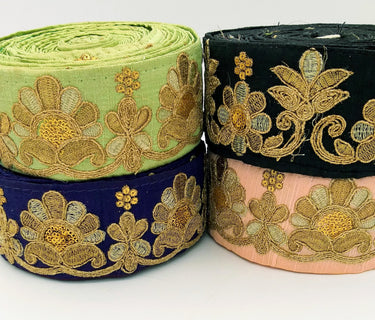 Green Art Silk Trim In Gold Floral Embroidery, Gold Embroidered Flowers Border, Floral Trim